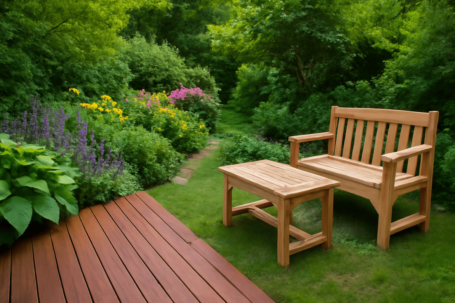 A tranquil garden with a wooden bench and table on a grassy lawn. Vibrant flowers and lush greenery create a serene, inviting atmosphere.