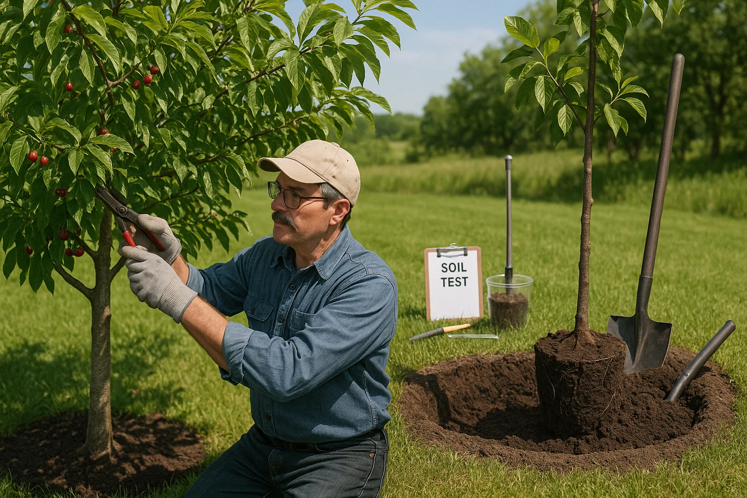 A gardener prunes a cherry tree with red fruit, while a "SOIL TEST" sign and tools are set up nearby in a green landscape.