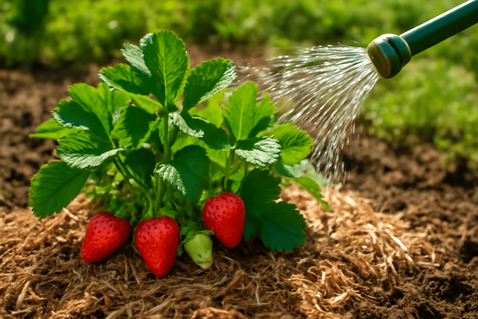 A close-up of a lush strawberry plant with ripe red strawberries, green leaves, and water spraying from a watering can, set in a sunny garden bed.