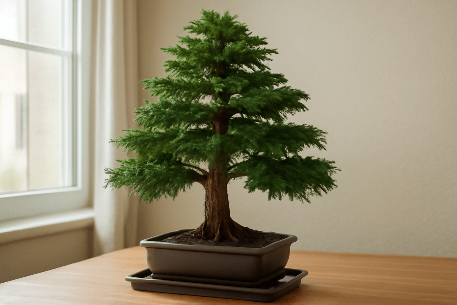 A bonsai tree with lush green foliage sits in a rectangular pot on a wooden table, next to a sunlit window. The scene conveys tranquility.