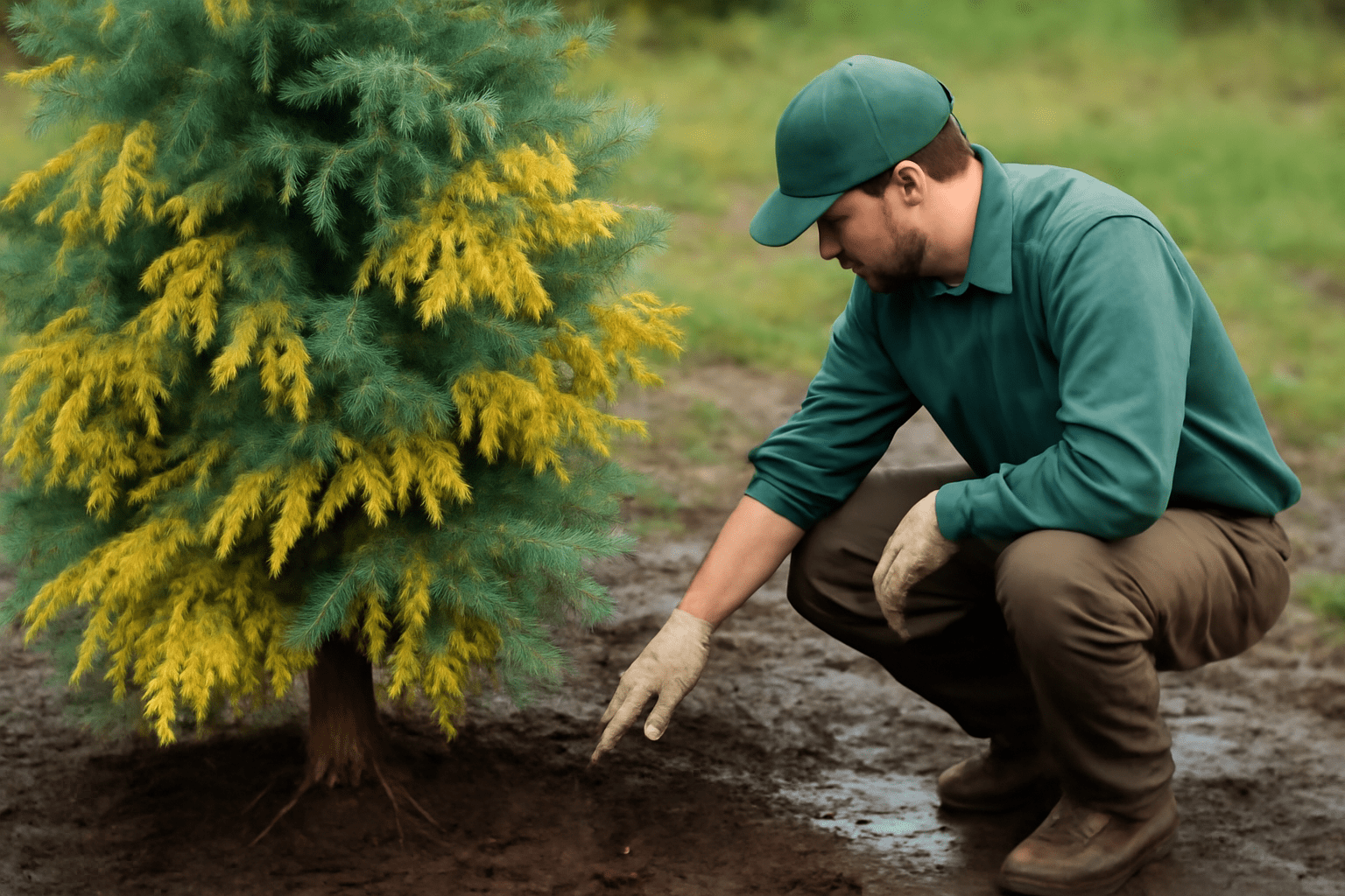 A man in a green uniform and cap squats beside a newly planted evergreen tree, pointing at the soil. The scene conveys care and attention to nature.