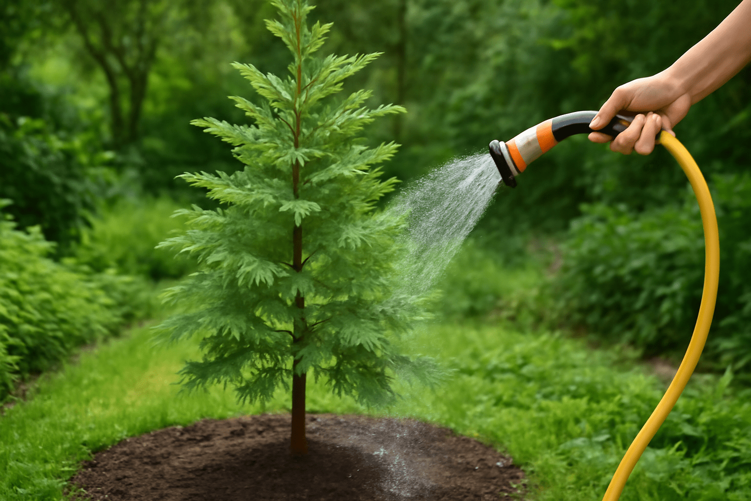 A hand waters a young evergreen tree in a lush garden with a yellow hose, conveying a serene, nurturing scene of growth and care in nature.