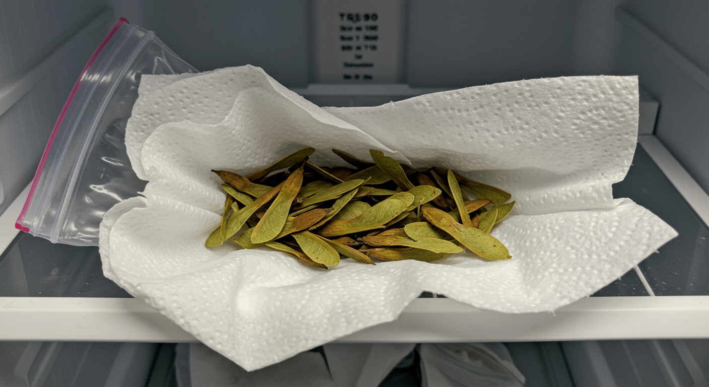 Ash tree seeds placed in a damp paper towel inside a plastic bag for cold stratification