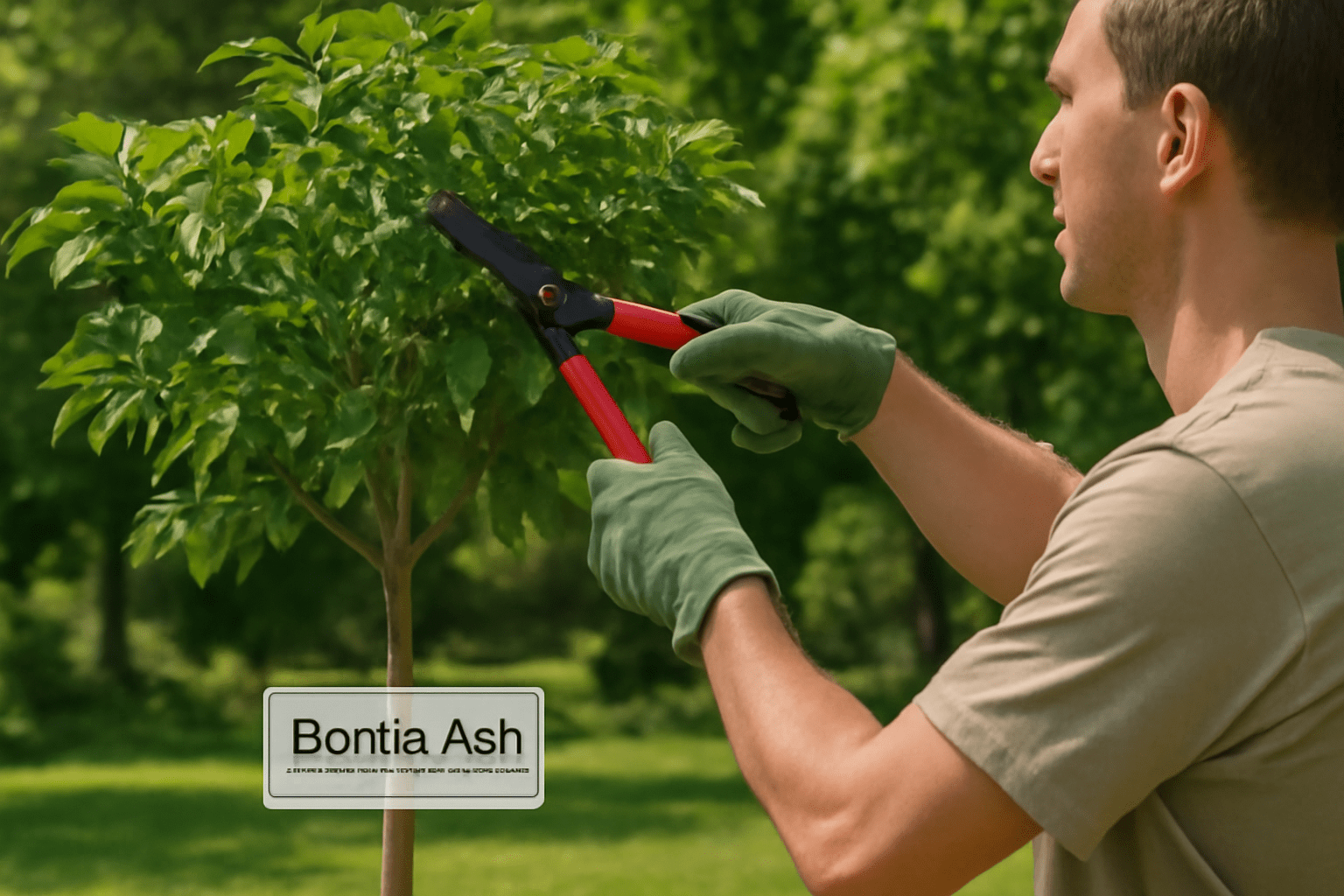 Gardener pruning a Bonita Ash tree, removing dead or damaged branches to promote healthy growth.