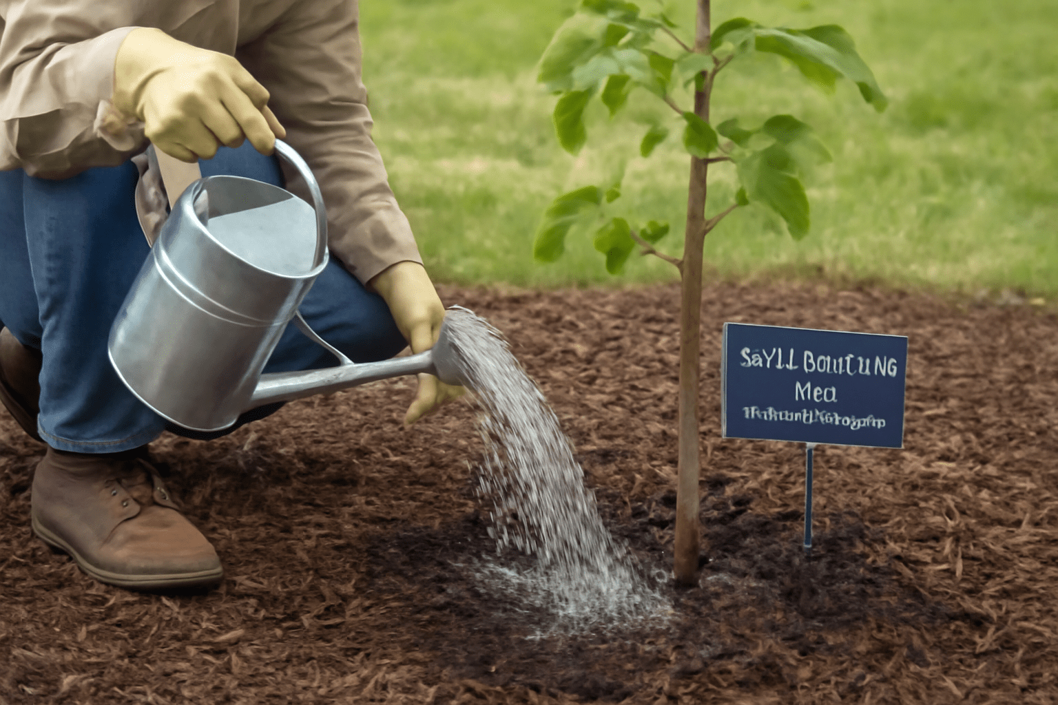 A man tending to a tree by watering it with a can in a lush outdoor environment.