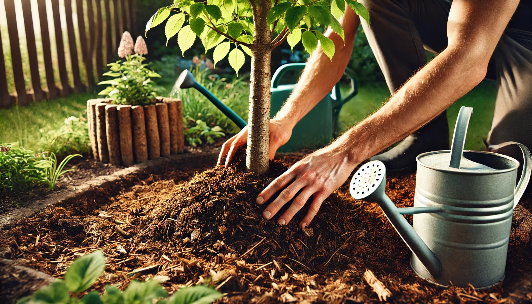 A person planting a young tree, gently covering the roots with soil, surrounded by gardening tools and flourishing plants in sunlight.