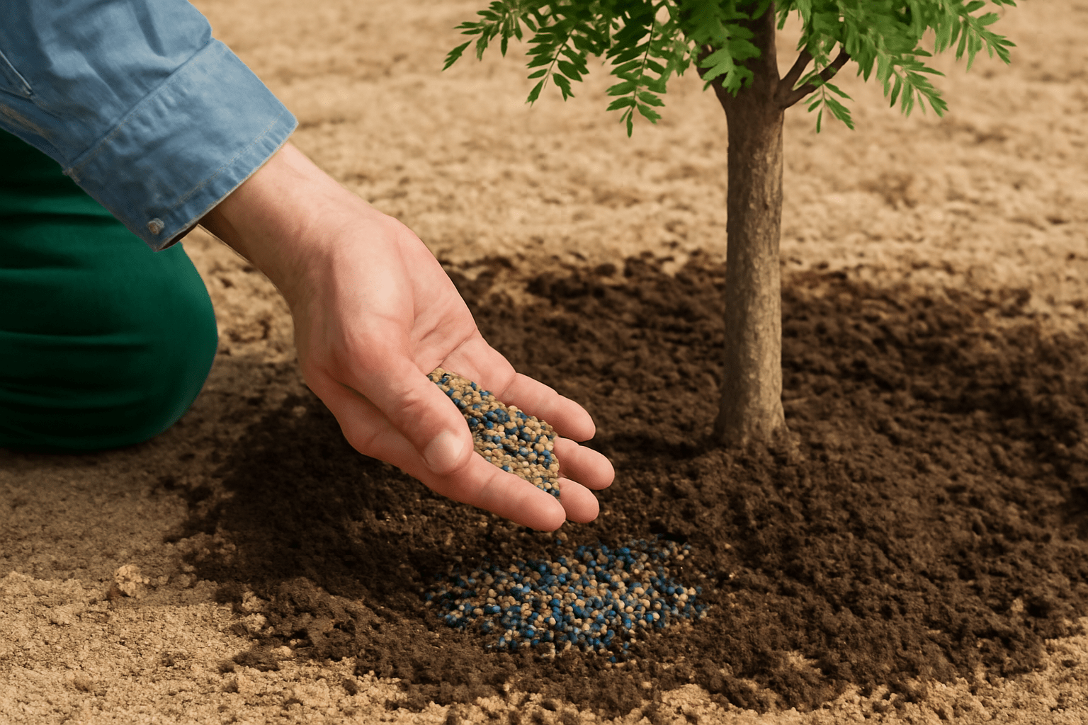 "Applying fertilizer to the base of Ash Arizona tree for strong, healthy growth."