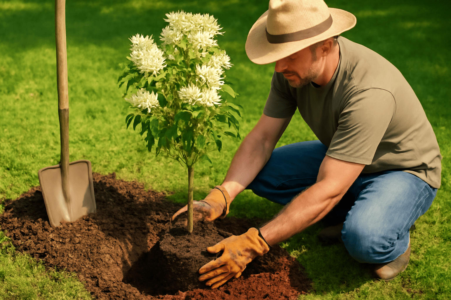 "Gardener planting a fragrant ash tree, ensuring proper root depth and mulching for healthy growth."