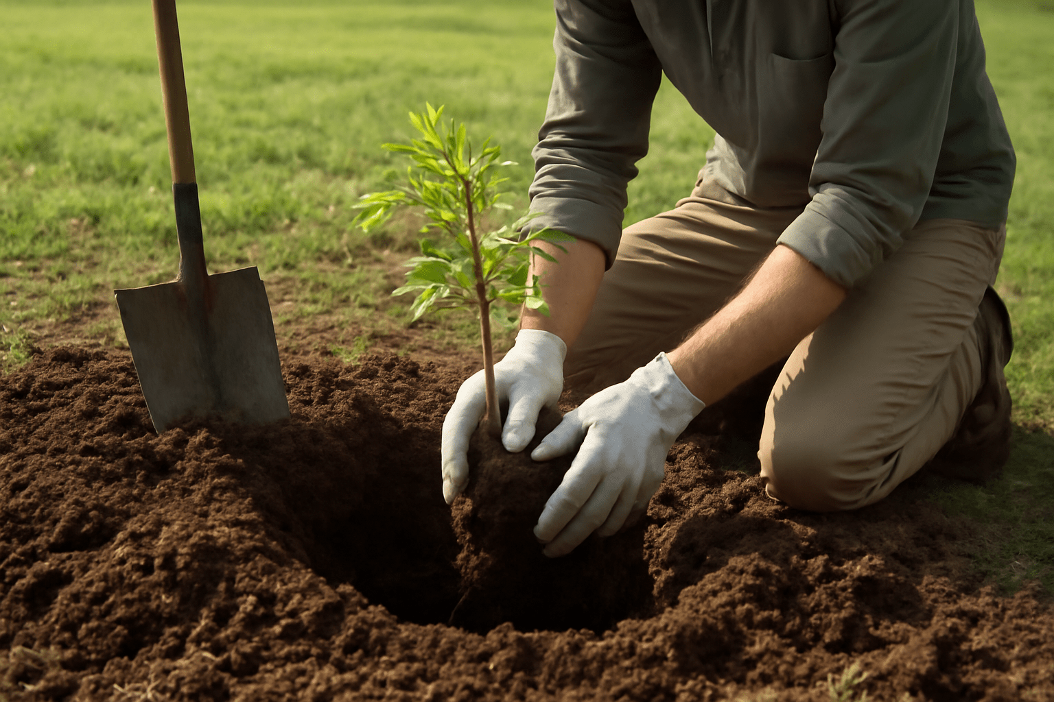 "Gardener planting an ash tree sapling in a well-prepared hole with proper spacing."