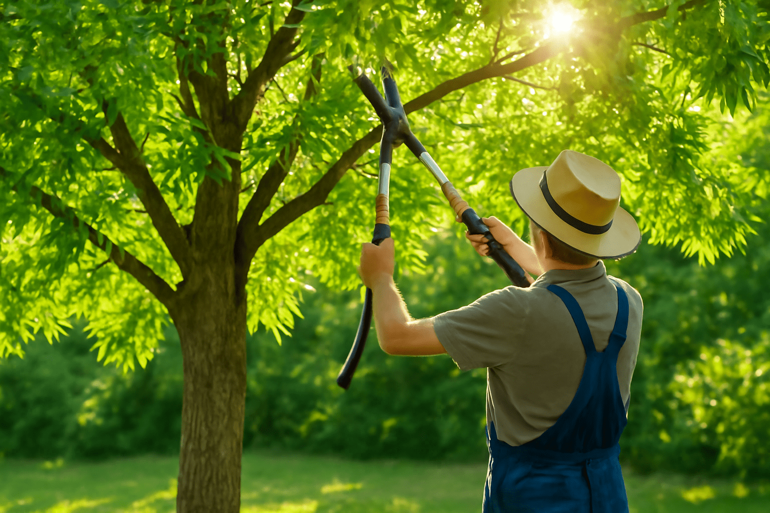 Gardener pruning a Raywood Ash tree with lush green foliage