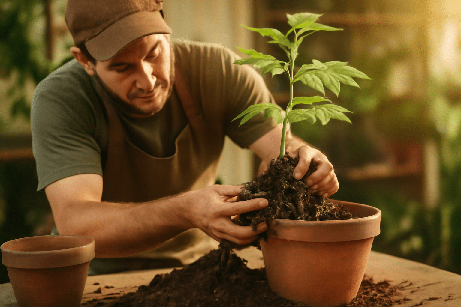 "Gardener transplanting a white ash tree seedling into a larger pot, handling it with care."