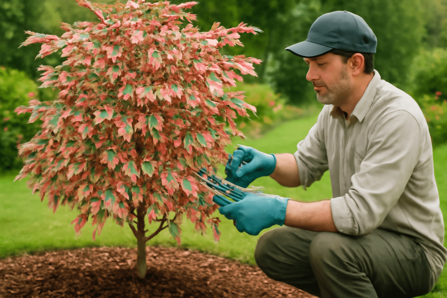 A person in gloves carefully prunes a vibrant bush with pink and green leaves, seated on a grassy area surrounded by plants.