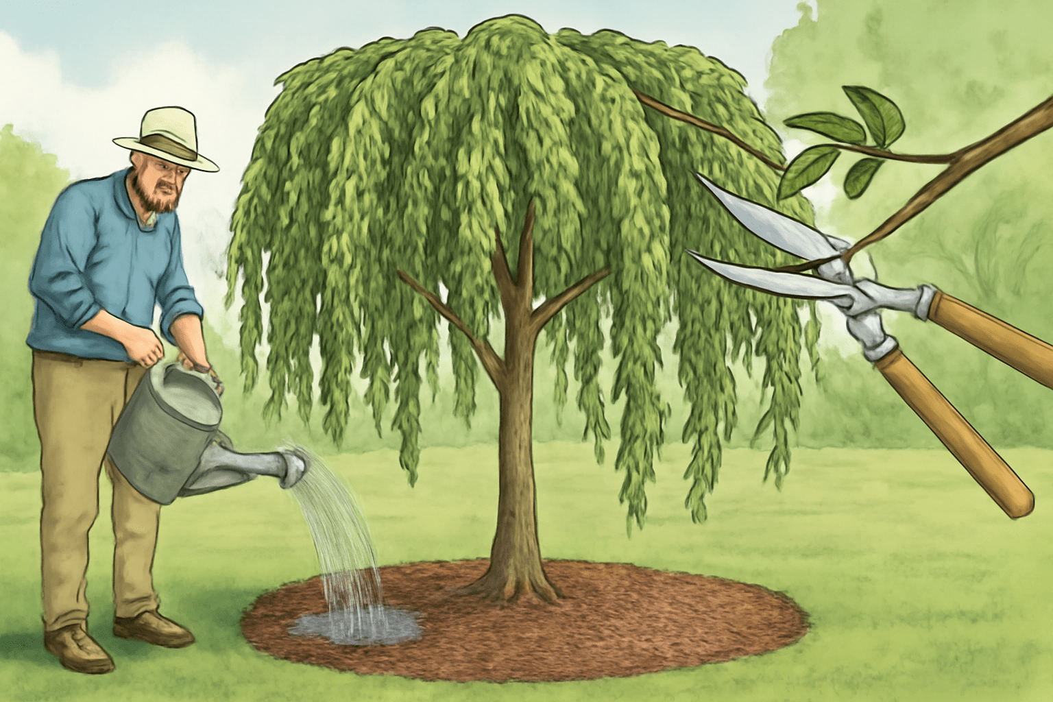 A man in a hat waters a leafy weeping willow tree with a watering can, while pruning shears cut a branch. The scene is calm and green with nature.