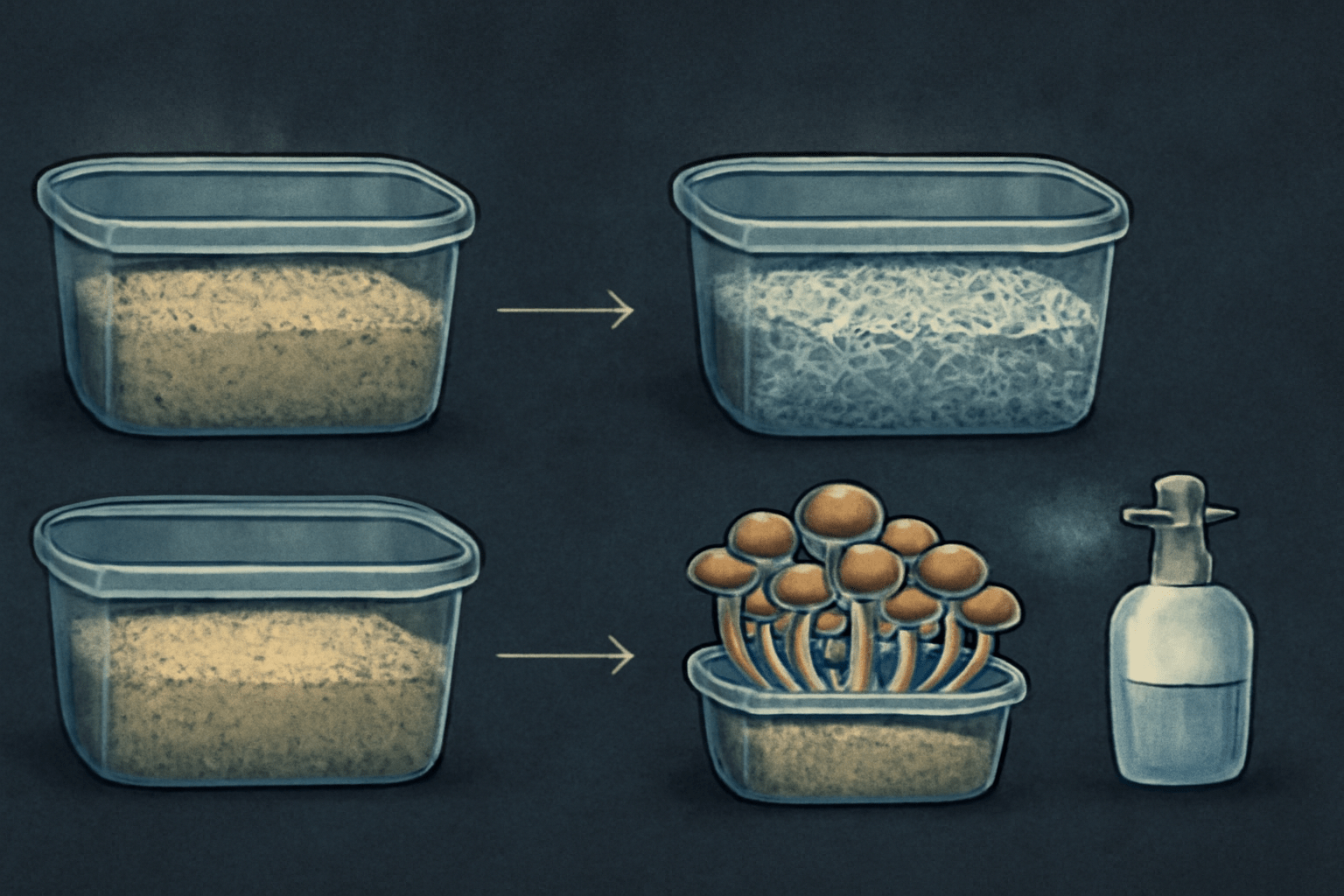 Two sequences show the stages of mushroom cultivation: substrate in a container turns to mycelium, then another shows mushrooms growing with a spray bottle.