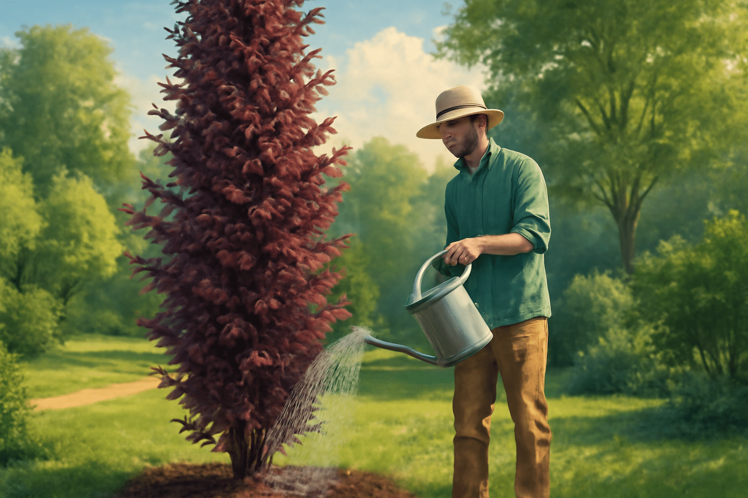 A man in a green shirt and straw hat waters a tall, red-leaved tree with a metal watering can. Lush green trees and a bright blue sky surround him.