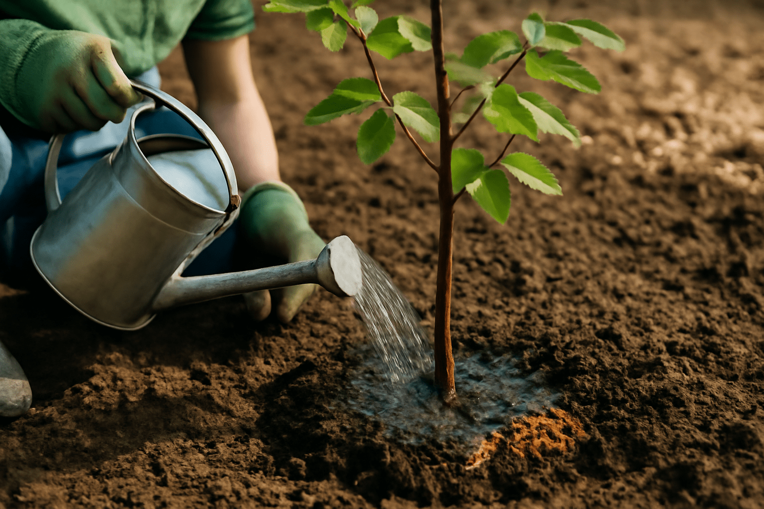  Individual watering a small tree with a watering can, nurturing it in a green outdoor environment.