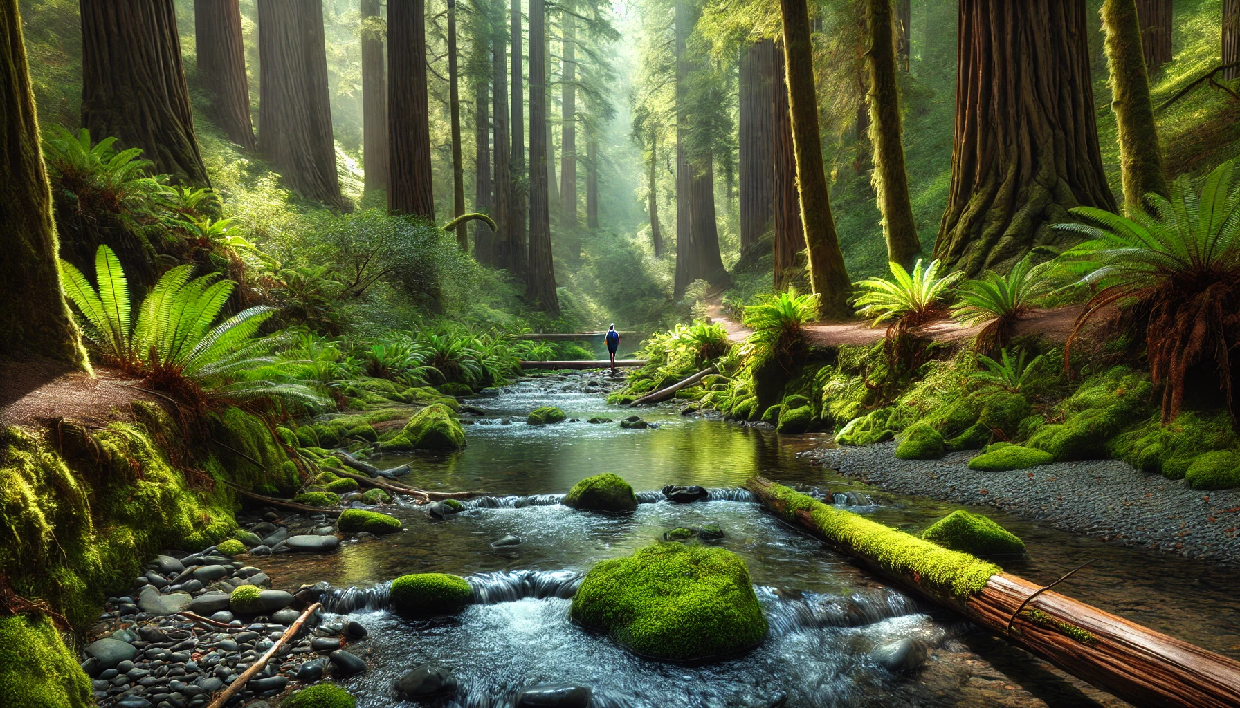 A person in blue stands on rocks near a tranquil stream, surrounded by lush ferns and towering redwoods in a misty forest.