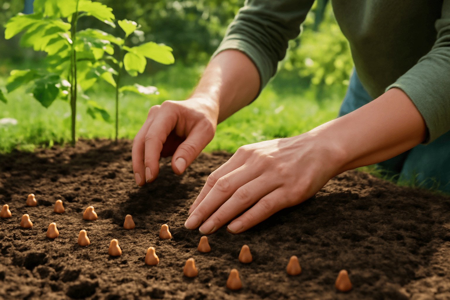Hands carefully plant seeds in neat rows in rich soil, with young green plants in the background, conveying a sense of nurturing growth.