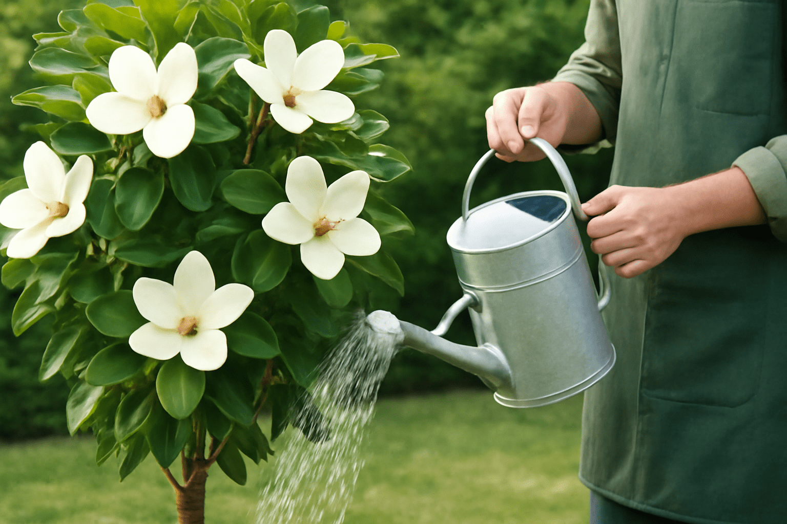 "Gardener watering a healthy Teddy Bear Magnolia Tree with lush leaves and blooms."