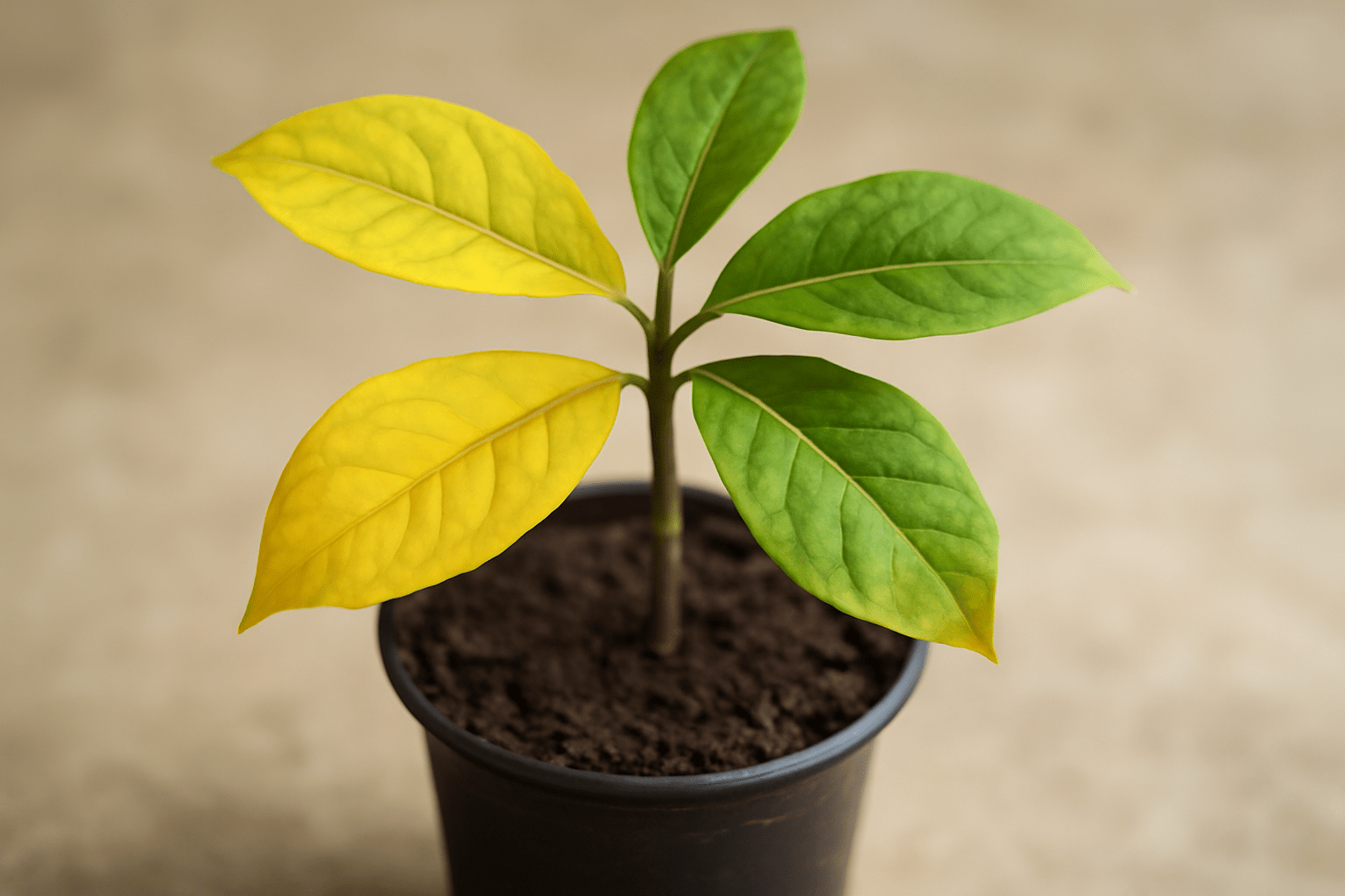 "Magnolia seedling with yellowing leaves due to overwatering or nutrient issues"
