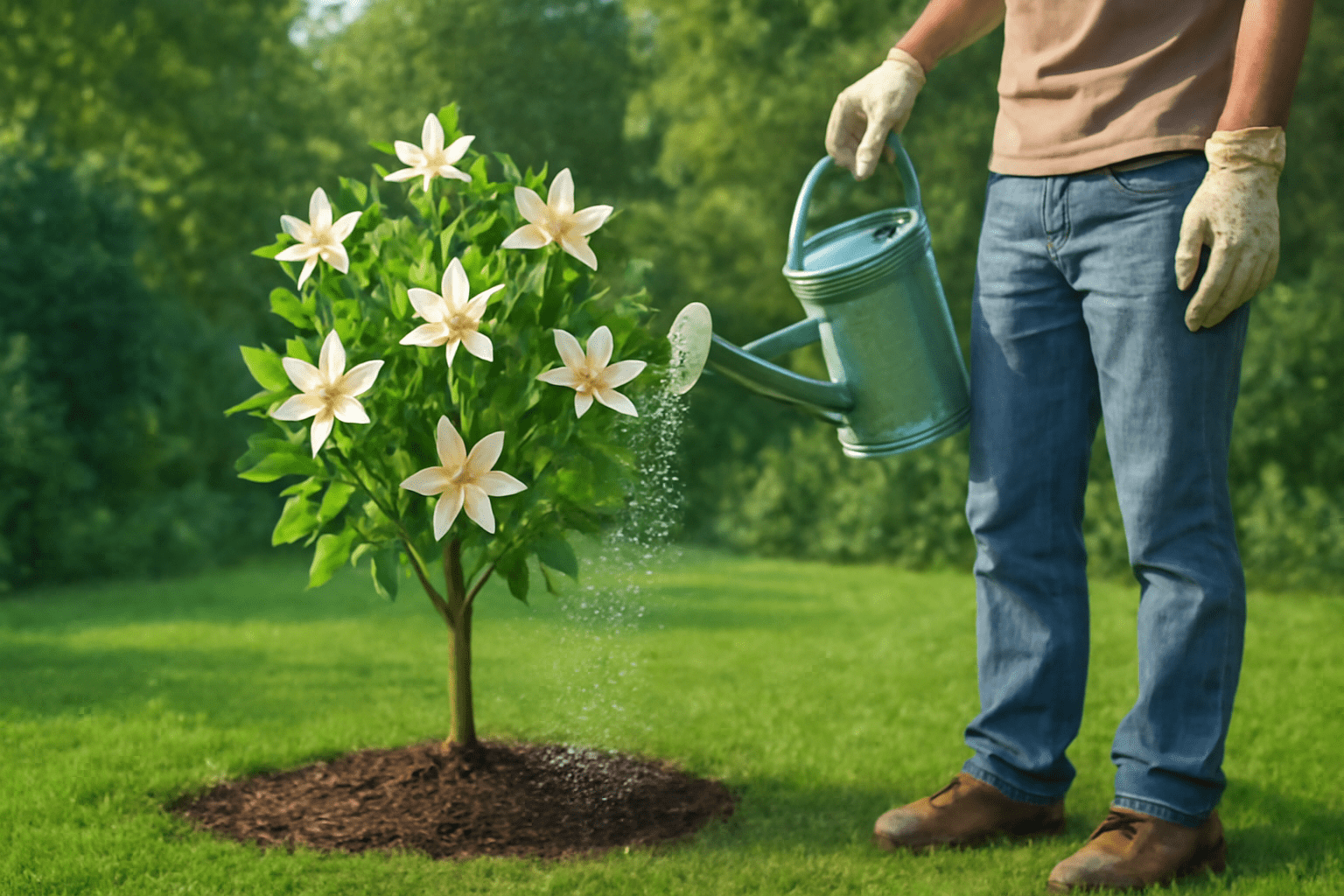 "Gardener watering butterfly magnolia tree with a watering can."