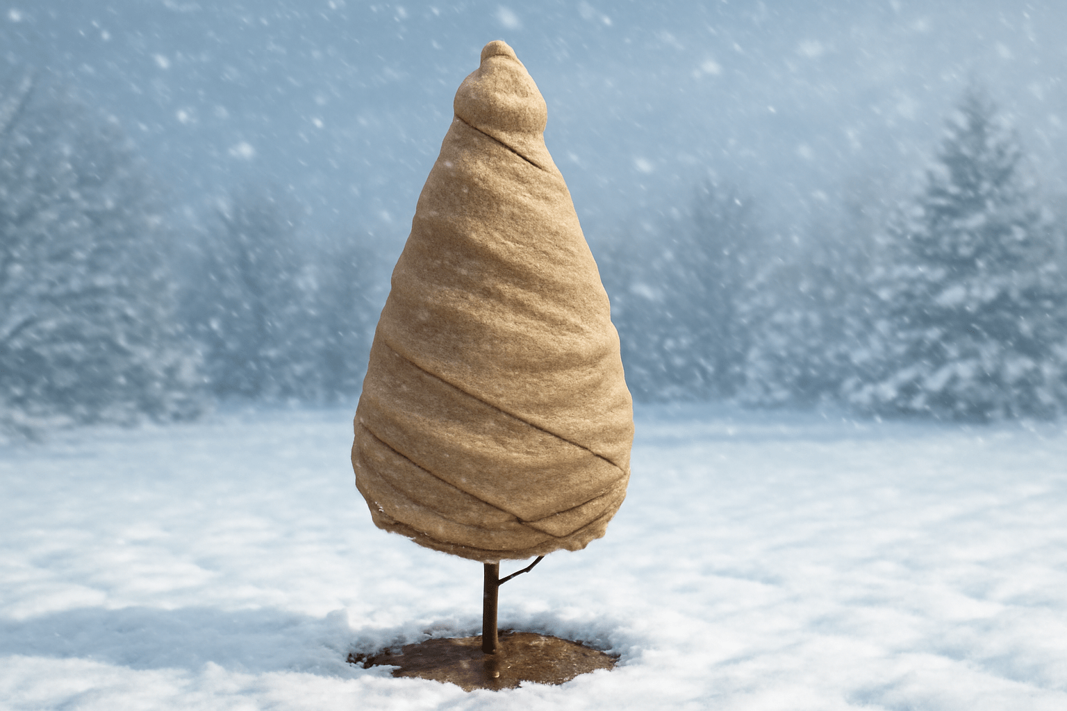 "Magnolia tree wrapped in burlap for protection against winter weather."