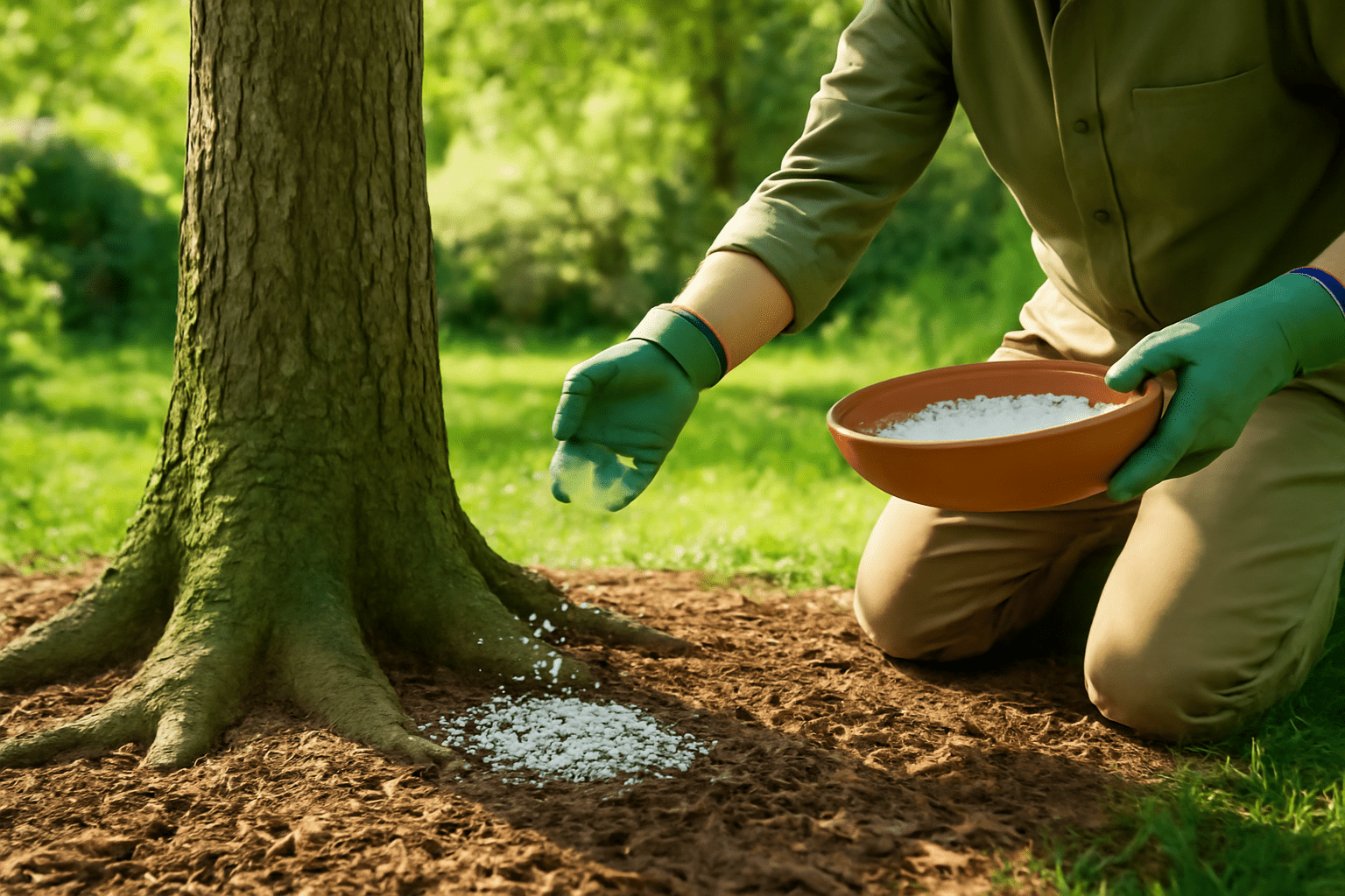 "Gardener applying fertilizer around the root zone of a magnolia tree"