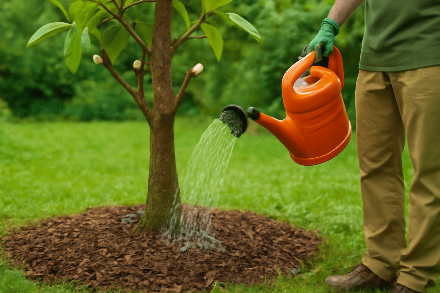 Gardener watering magnolia tree after pruning, promoting healthy recovery and growth.