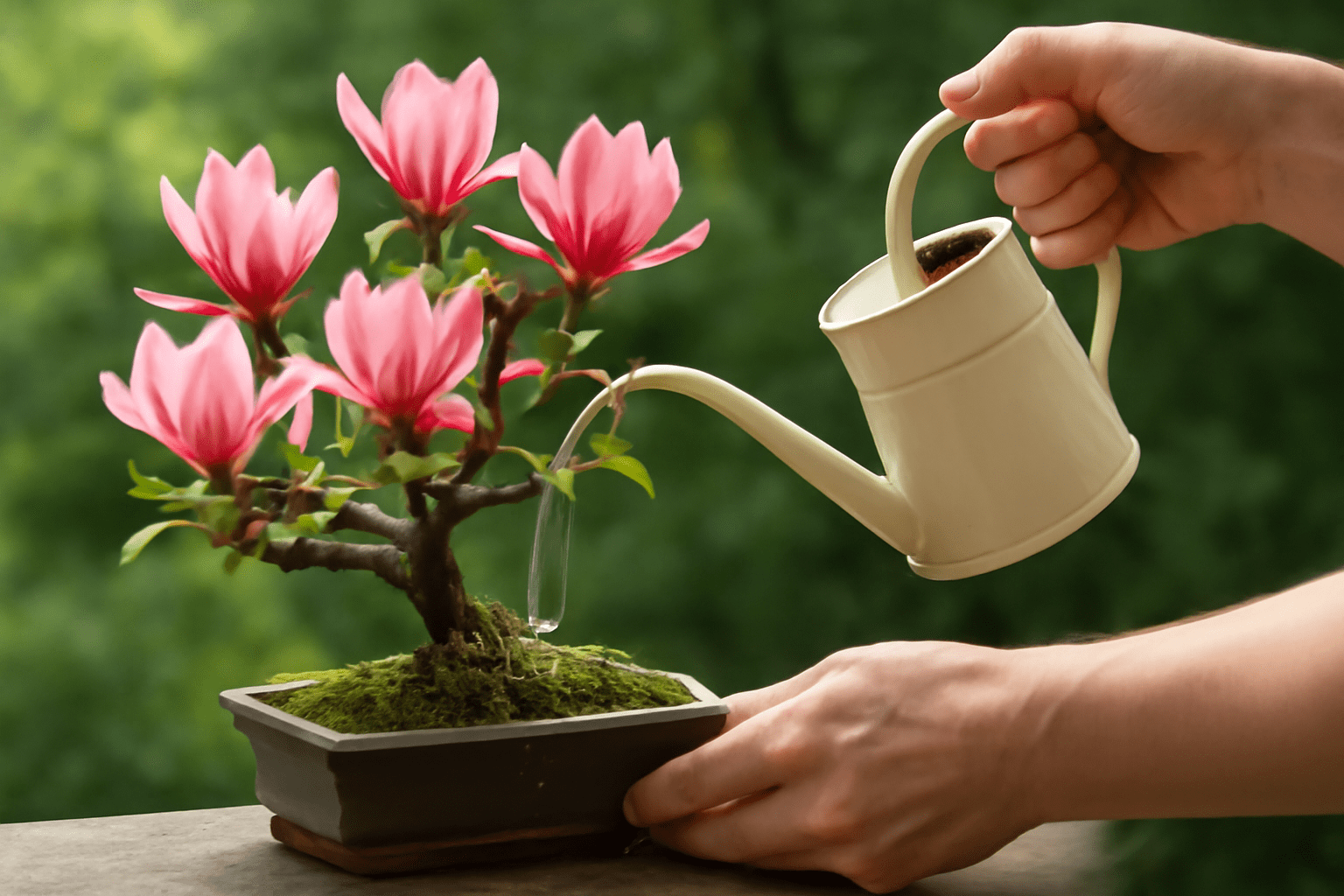 "Person watering a Magnolia Bonsai Tree with a fine-spout watering can for healthy root hydration."