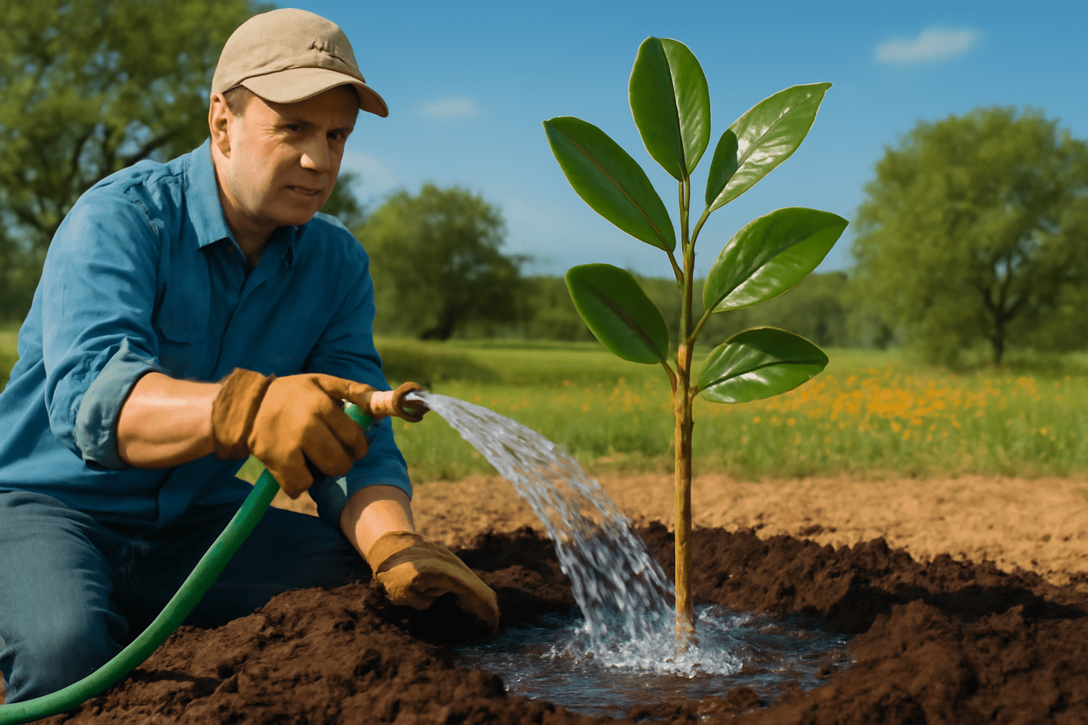 "Gardener watering a Magnolia tree deeply in a Texas garden, ensuring healthy growth and care."