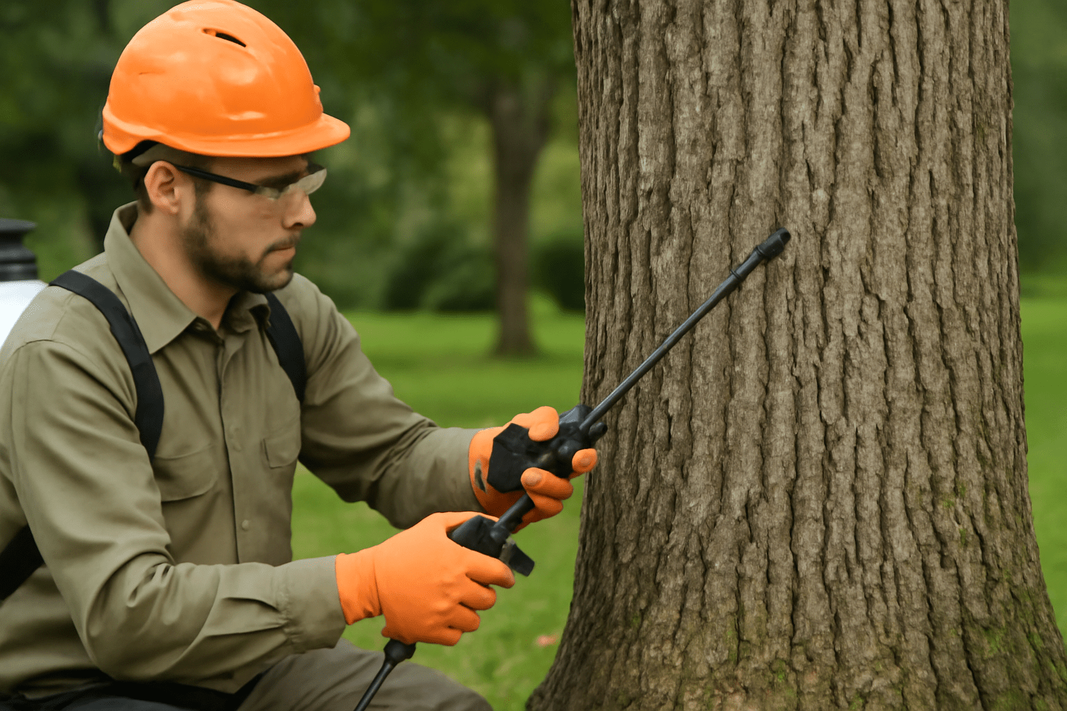 A man wearing a hard hat and safety glasses sprays a tree with a pesticide or treatment solution.