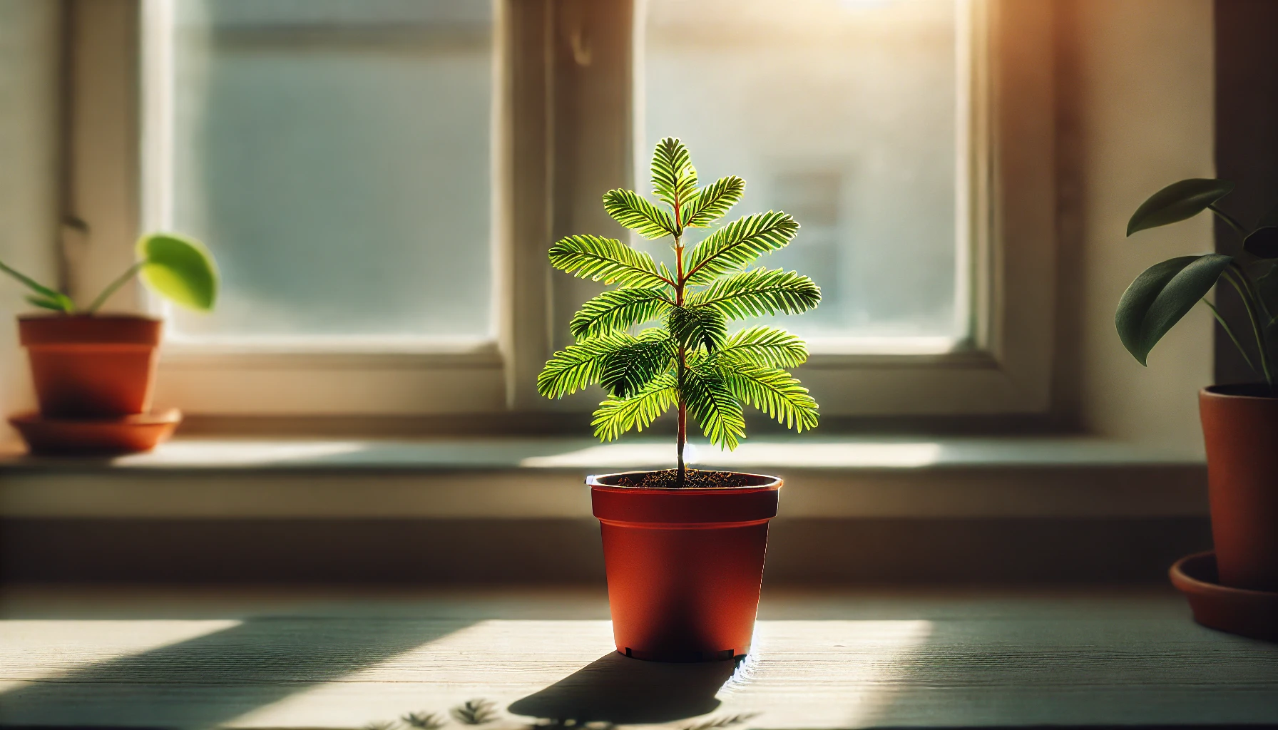 A small potted plant with fern-like leaves sits on a windowsill, bathed in warm sunlight, creating soft shadows on the table.