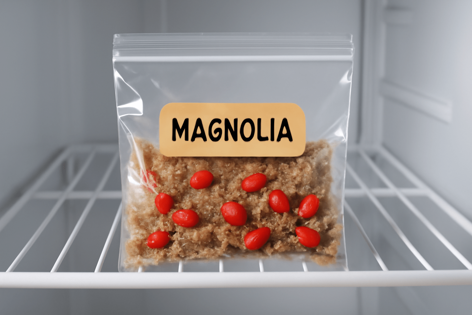 "Magnolia seeds in a plastic bag with moist moss for cold stratification in the fridge"