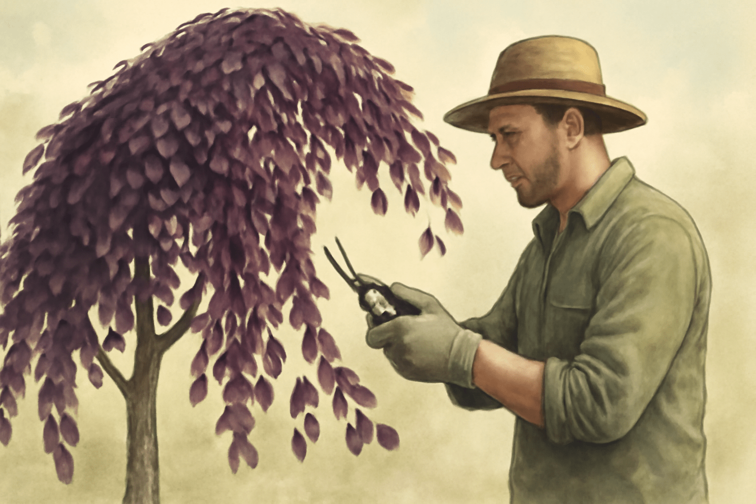 A man in a green shirt and straw hat trims a small tree with purple leaves, exuding a calm, focused demeanor. The setting is serene and pastoral.