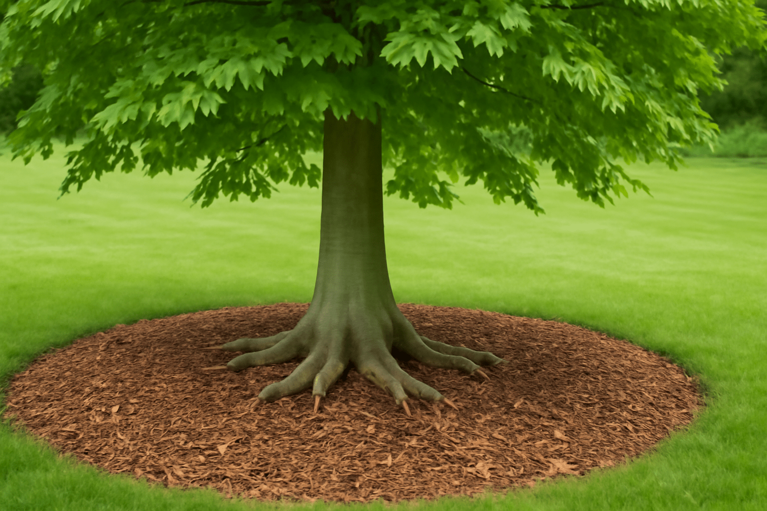 Close-up of a tree trunk surrounded by a circular bed of brown mulch, set against a vibrant green lawn. Large leaves create a dense canopy. Tranquil setting.
