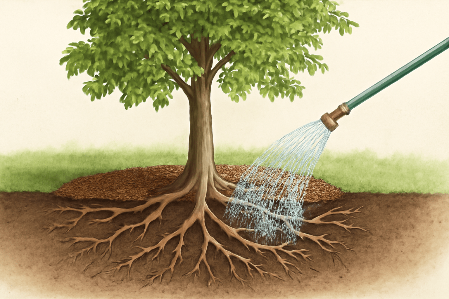 Illustration of a tree with visible roots being watered by a hose. Water flows onto soil, indicating nourishment and growth, with a peaceful tone.