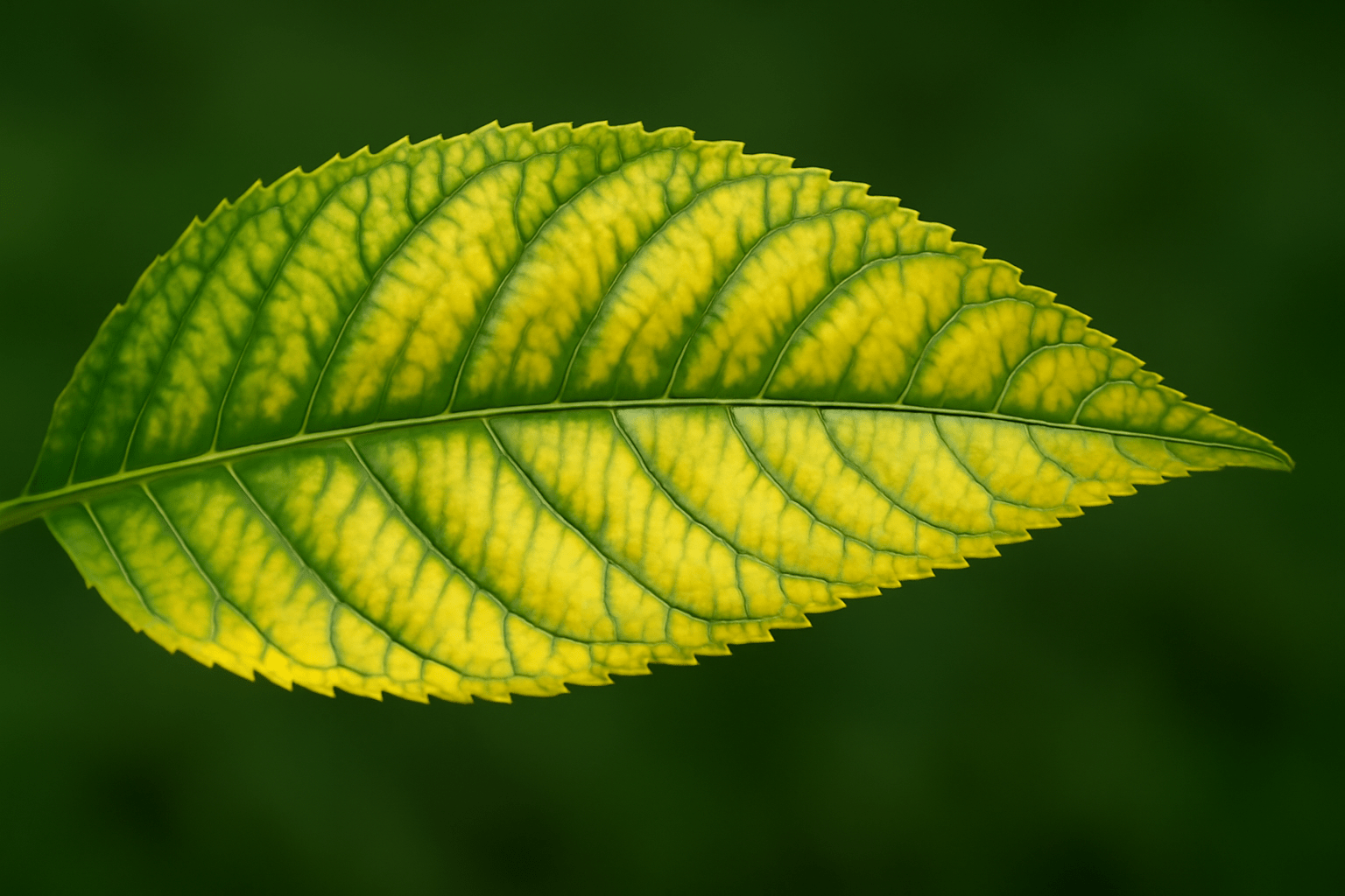 “Pecan nut tree leaf with yellowing between veins, indicating chlorosis and nutrient deficiencies.”