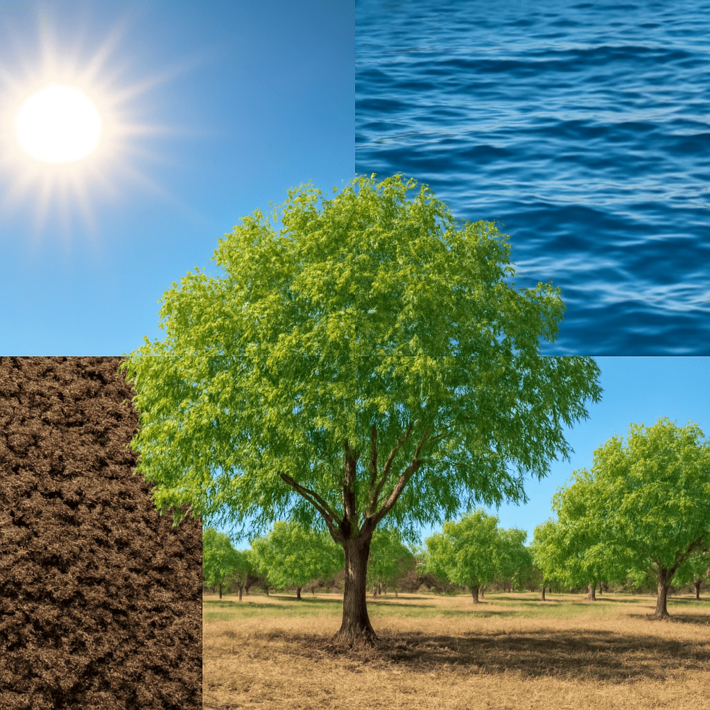 "Environmental influences like climate, soil, and water on pecan tree productivity."