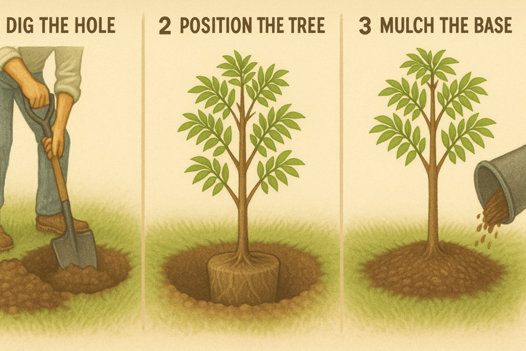 "Step-by-step guide on how to plant a Northern Pecan tree, showing planting process."