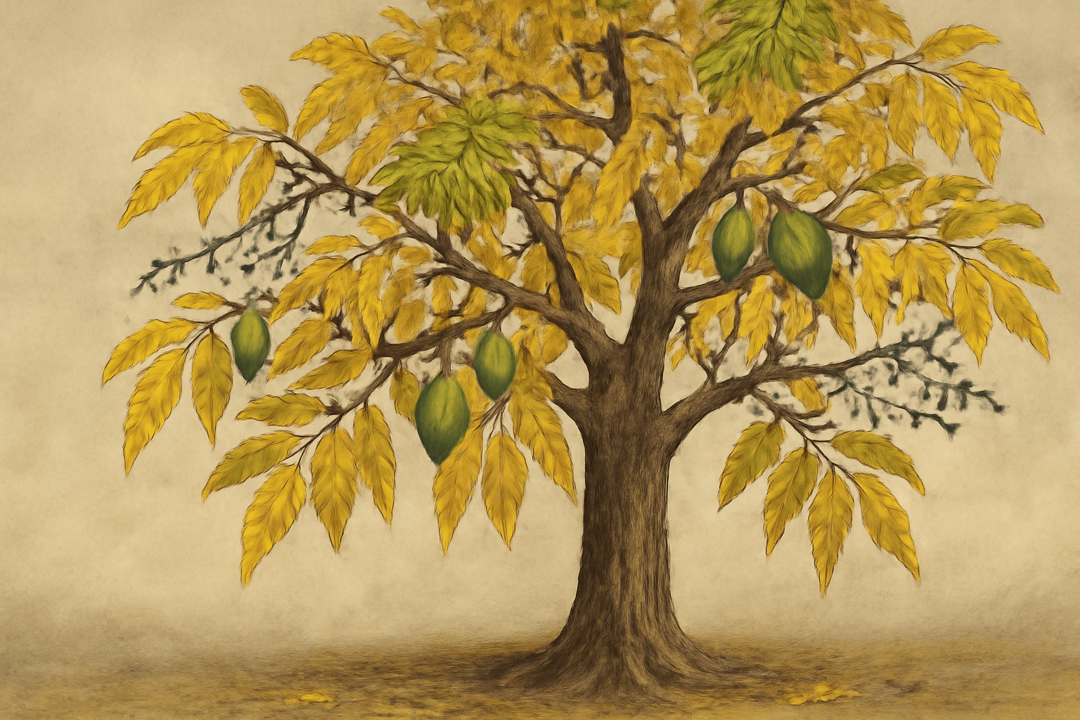 "Candy pecan tree with yellowing leaves, showing signs of nutrient deficiency or poor growth."