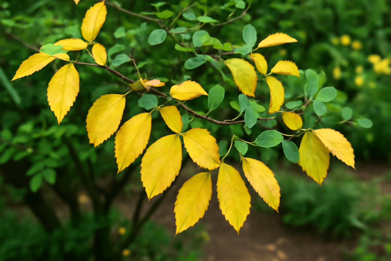 Yellow leaves on a tree in a garden, showcasing the vibrant colors of autumn foliage.