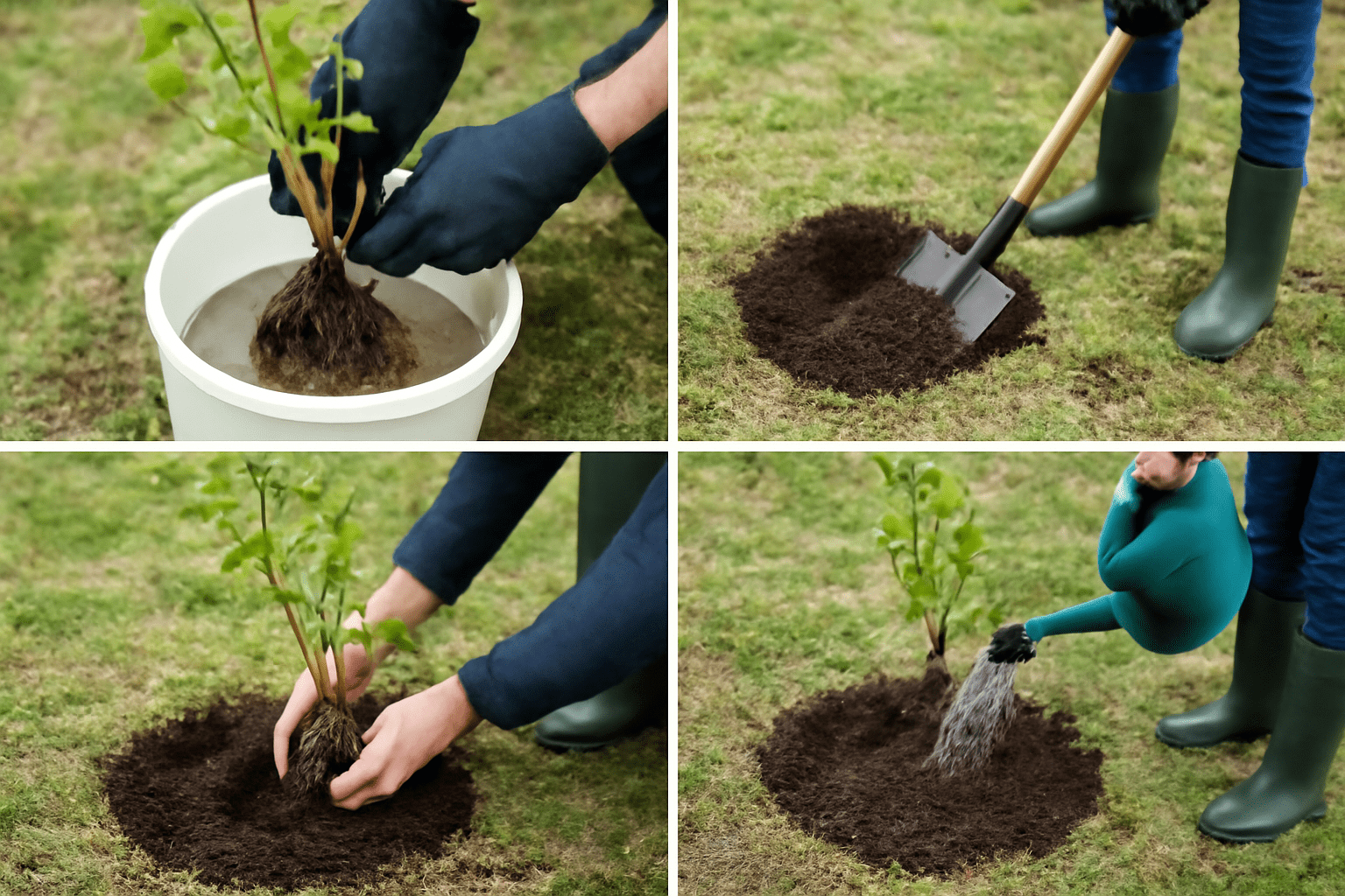 "Step-by-step process of planting bare root pecan trees, from soaking roots to watering the planted tree."