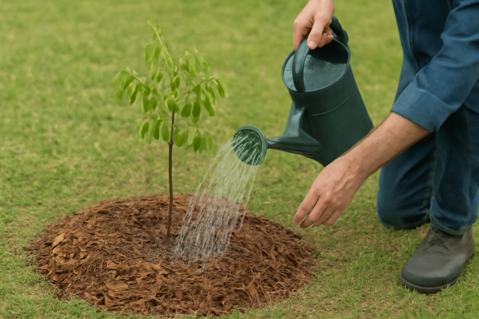 "Person watering and mulching a young pecan tree, providing essential care for healthy growth."
