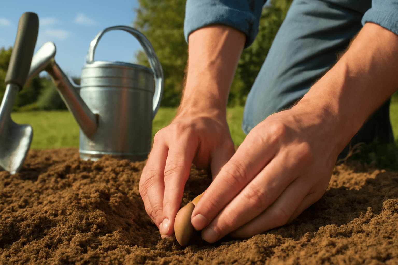 "Gardener planting a pecan seed in loamy soil under sunlight, showcasing the step-by-step process of growing a pecan tree from seed in a sunny garden."