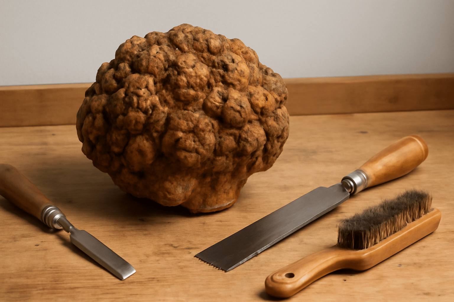 "Walnut tree burl on a workbench with woodworking tools, ready for cleaning and preparation."