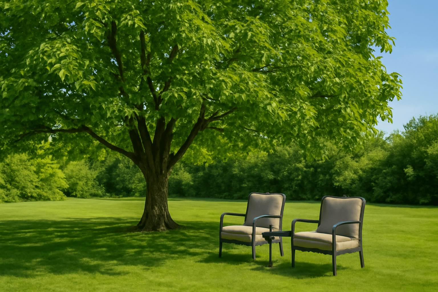 "Large walnut tree providing shade over a comfortable seating area in a yard."