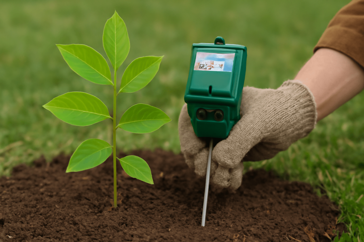 "Person testing soil pH with a meter beside a healthy black walnut seedling, preparing for planting."