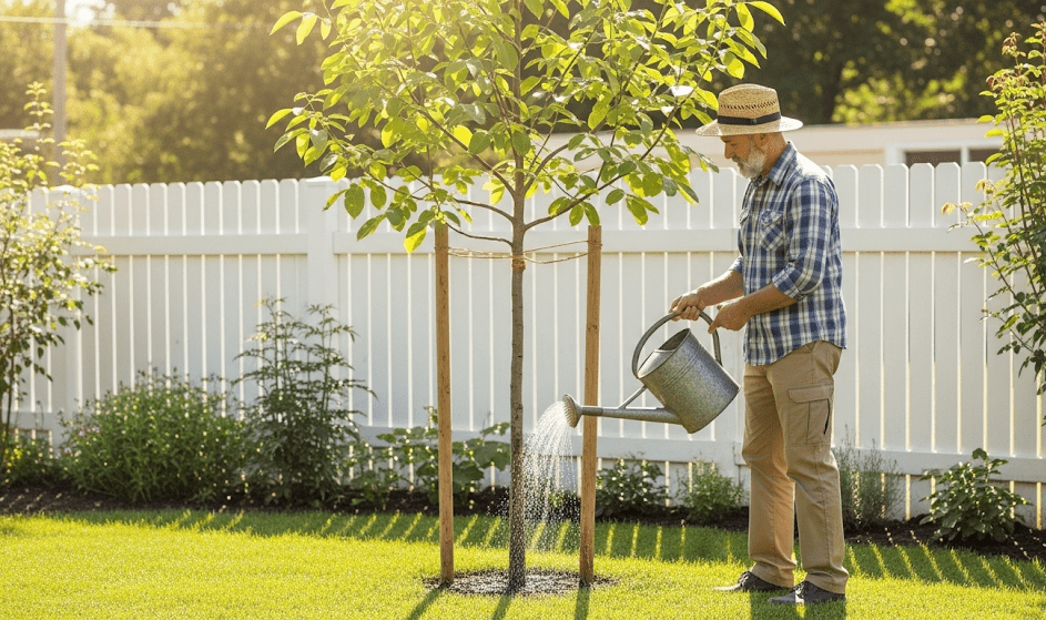 "Gardener watering a young walnut tree in a garden, illustrating essential tree maintenance." 
