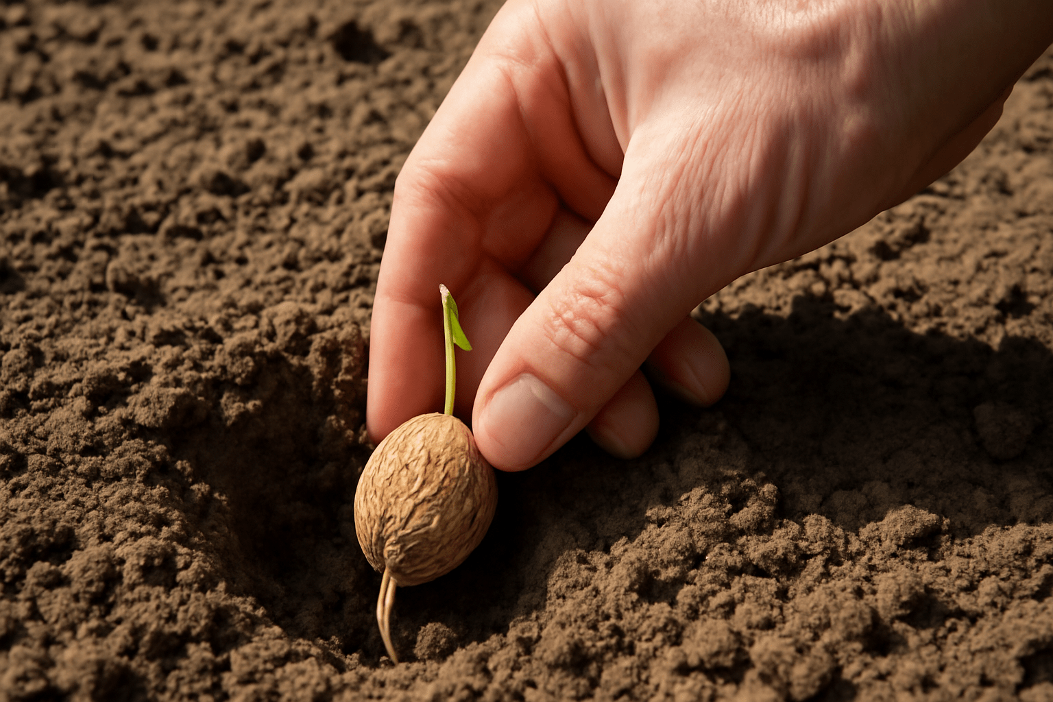 "Planting a germinated walnut nut in soil with the root down and shoot facing upward for healthy growth."
