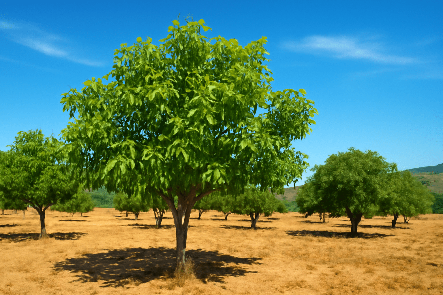 "Sunny Mediterranean landscape with flourishing walnut trees."